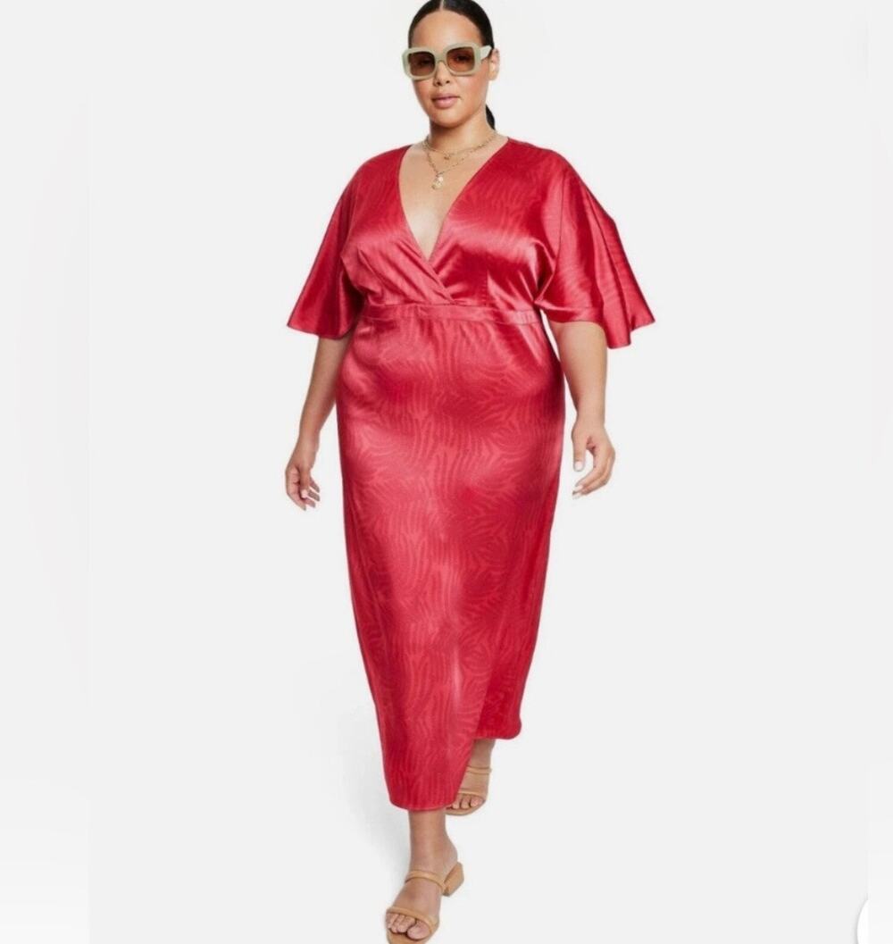 Fe Noel x Target Red Palm Satin Maxi Dress 14 V-Neck Flutter Sleeve Vacation
